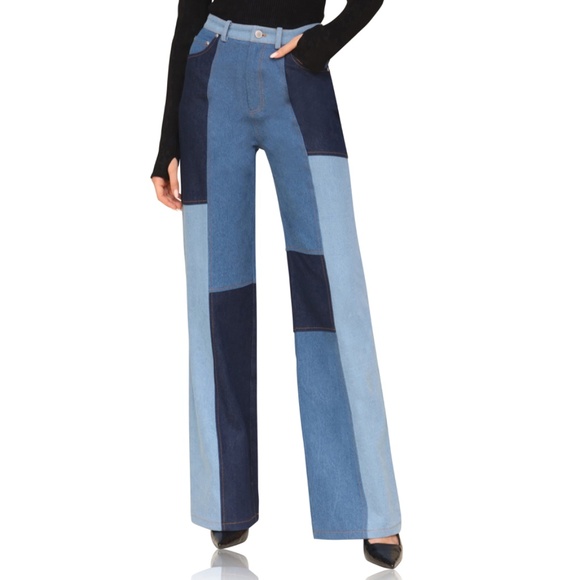 New Avec Les Filles Patchwork Wide Leg Jeans Multi Blue Wash XS - Picture 1 of 9